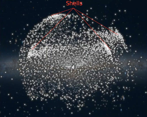 Stars identified by Donlon II et al. have formed shell structures in the aftermath of a radial merger occurring 3 billion years ago. Image credit: Rensselaer Polytechnic Institute.
