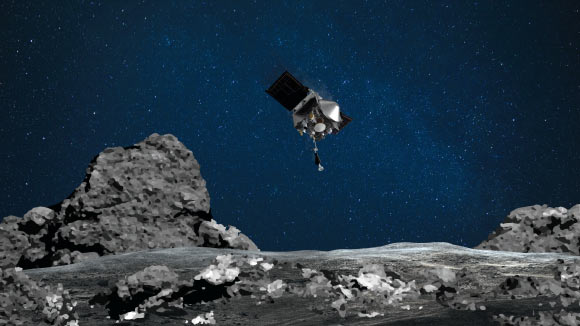 NASA’s OSIRIS-REx spacecraft readies itself to touch the surface of the near-Earth asteroid (101955) Bennu. Image credit: NASA’s Goddard Space Flight Center / University of Arizona.