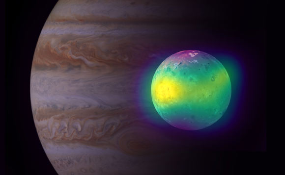 Composite image showing Io in radio (ALMA) and optical light (Voyager 1 and Galileo); the ALMA images show plumes of sulfur dioxide (in yellow); Jupiter is visible in the background (Hubble). Image credit: ALMA / ESO / NAOJ / NRAO / I. de Pater et al. / NRAO / AUI / NSF / S. Dagnello / NASA / ESA.