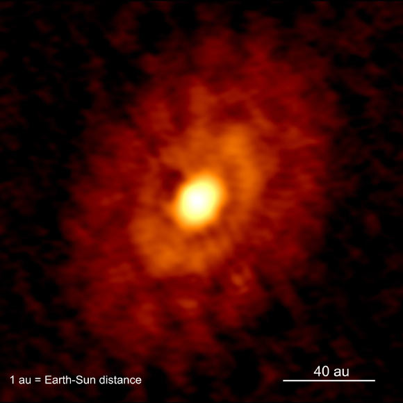 This ALMA image shows young planet-forming dust rings around IRS 63. Image credit: D. Segura-Cox, Max Planck Institute for Extraterrestrial Physics.