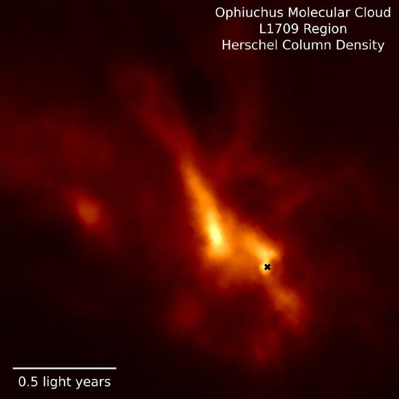 This image from ESA’s Herschel Space Telescope shows the L1709 region in the Ophiuchus molecular cloud. Image credit: D. Segura-Cox, Max Planck Institute for Extraterrestrial Physics / ESA / Herschel / SPIRE / PACS / D. Arzoumanian.