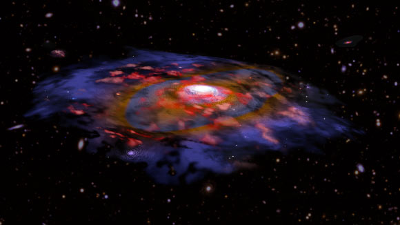 An artist’s impression of a dusty, rotating distant galaxy in the early Universe: red color represents gas, and blue/brown represents dust as seen in radio waves with ALMA; many other galaxies are visible in the background, based on optical data from ESO’s Very Large Telescope and NAOJ’s Subaru Telescope. Image credit: B. Saxton / NRAO / AUI / NSF / ESO / NASA / STScI / NAOJ / Subaru.