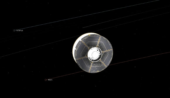 This illustration of NASA’s Mars 2020 spacecraft in interplanetary space was generated using imagery from NASA’s Eyes on the Solar System. The image is from the mission’s midway point between Earth and Mars. Visible in the graphic are the solar panels on the cruise stage surrounding the top of the aeroshell. Image credit: NASA / JPL-Caltech.