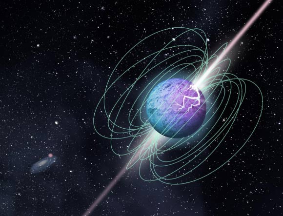 An artist’s impression of the SGR 1935+2154 magnetar in outburst, showing complex magnetic field structure and beamed emission. Image credit: McGill University Graphic Design Team.