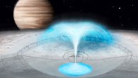 This artist’s conception of Europa shows a hypothesized cryovolcanic eruption, in which briny water from within the icy shell blasts into space. Image credit: Justice Blaine Wainwright.