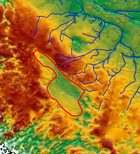 Paxman et al. mapped a huge ancient lake basin (outlined here in red) below the Greenland ice; redder colors signify higher elevations, green ones lower; a stream system incised into the bedrock that once fed the lake is shown in blue. Image credit: Paxman et al., doi: 10.1016/j.epsl.2020.116647.
