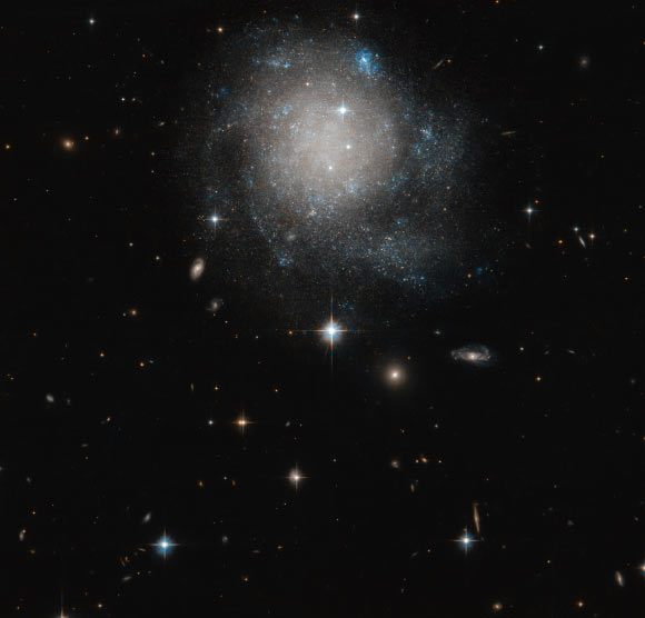 This Hubble image shows the spiral galaxy UGC 12588. The color image was made from separate exposures taken in the visible region of the spectrum with Hubble’s Advanced Camera for Surveys (ACS). Two filters were used to sample various wavelengths. The color results from assigning different hues to each monochromatic image associated with an individual filter. Image credit: NASA / ESA / Hubble / R. Tully / Gagandeep Anand.