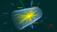 CMS candidate event for a top quark and antitop quark producing an electron, a muon and jets originating from bottom (b) quarks. Image credit: CERN.