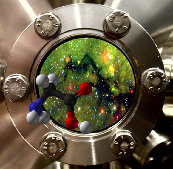 An artist’s impression of glycine together with dark interstellar clouds in the lab. Image credit: Harold Linnartz.