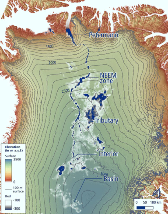 A possible subglacial valley and river deep below the surface of Greenland. Image credit: Chambers et al., doi: 10.5194/tc-14-3747-2020.