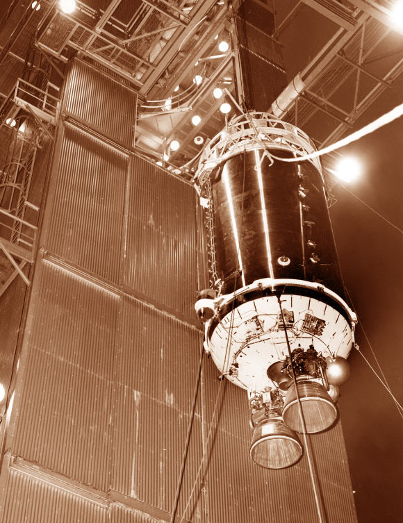 This photo shows a Centaur upper-stage rocket before being mated to an Atlas booster in 1966. Image credit: NASA.