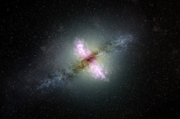 An artist’s conception of a galaxy with an active nucleus propelling jets of material outward from the galaxy’s center. Image credit: Sophia Dagnello, NRAO / AUI / NSF.