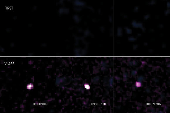 VLA images of three galaxies in the study, comparing what was seen in the earlier FIRST survey and the later VLASS; the newly-appearing bright radio emission indicates that the galaxies launched new jets of material sometime between the dates of the two observations. Image credit: Nyland et al. / Sophia Dagnello, NRAO / AUI / NSF.