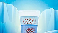 Conceptual representation showing a glass containing two liquids of water separated by a thin interface; the bottom liquid is dense than the liquid at the top and, thus, shows that it is composed of water molecules closely packed. Image credit: Jerker Lokrantz / Anders Nilsson.