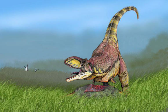An artist’s impression of Rajasaurus narmadensis, a cousin of the newly-discovered abelisaurid dinosaur Niebla antiqua. Image credit: Bogdanov / CC BY-SA 3.0.