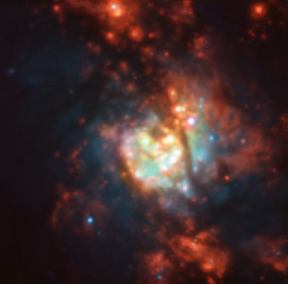This image shows thousands of newly-formed stars in the central part of Messier 83. This image is made up of observations from VLT’s MUSE instrument in the optical part of the spectrum. It is based on data obtained through six filters. The color results from assigning different hues to each monochromatic image associated with an individual filter. Image credit: TIMER Survey / ESO.