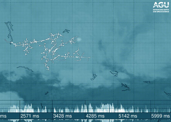 This image from the Geostationary Lightning Mapper shows a superbolt-producing lightning flash over the southeastern United States on February 19, 2019. The lightning flash spanned several hundred kilometers and lasted nearly 7 seconds. Image credit: Los Alamos National Laboratory.