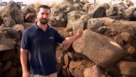 Dr. Tzin with a figurine and an engraved stone at the site of the 3,000-year-old Geshurite fort near Hispin, Israel. Image credit: Israel Antiquities Authority.