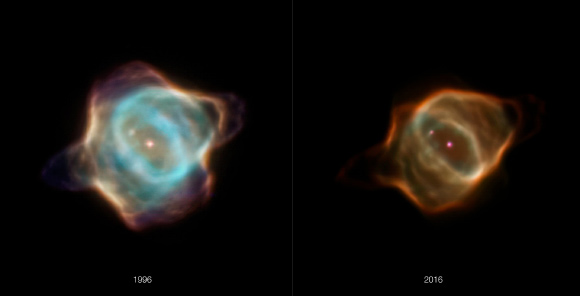 These images of the Stingray Nebula were captured by Hubble in 1996 (left) and 2016 (right). Image credit: NASA / ESA / B. Balick, University of Washington / M. Guerrero, Instituto de Astrofísica de Andalucía / G. Ramos-Larios, Universidad de Guadalajara.