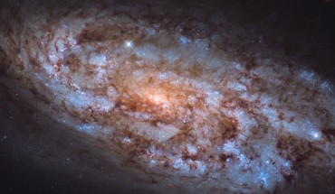 This Hubble image shows NGC 1792, a spiral galaxy 36.4 million light-years away in the southern constellation of Columba. The vast swathes of tell-tale blue seen throughout NGC 1792 indicate areas that are full of young, hot stars, and it is in the shades of orange, seen nearer the center that the older, cooler stars reside. The color image is made up of observations from Hubble’s Wide Field Camera 3 (WFC3) in the ultraviolet, near-infrared, and optical parts of the spectrum. It is based on data obtained through five filters. The color results from assigning different hues to each monochromatic image associated with an individual filter. Image credit: Hubble / ESA / NASA / J. Lee / Leo Shatz.