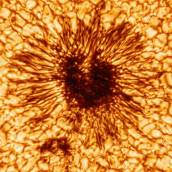 This image of a sunspot was taken on January 28, 2020 by NSF’s Inouye Solar Telescope’s Wave Front Correction context viewer. The image reveals striking details of the sunspot’s structure as seen at the Sun’s surface. The sunspot is sculpted by a convergence of intense magnetic fields and hot gas boiling up from below. This image uses a warm palette of red and orange, but the context viewer took this sunspot image at the wavelength of 530 nm -- in the greenish-yellow part of the visible spectrum. Image credit: NSO / AURA / NSF.