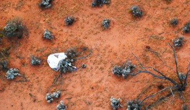 Hayabusa-2’s container with material from the near-Earth asteroid Ryugu and its parachute in South Australia. Image credit: JAXA.