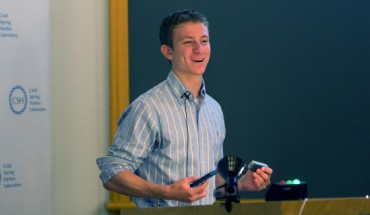 Aspyn Palatnick holding the world’s first mobile genetics laboratory at Cold Spring Harbor Laboratory’s 125th anniversary Open House. Image credit: Cold Spring Harbor Laboratory.