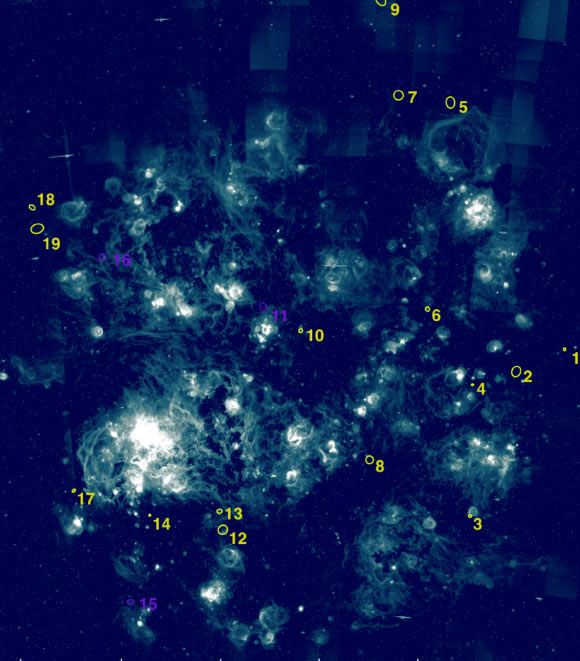 The positions of 16 new supernova remnant candidates in the Large Magellanic Cloud are marked in yellow; previously classified X-ray supernova remnants -- MCSNR J0541-6659, MCSNR 0522-6740 and MCSNR J0542-7104 -- are marked in violet color. Image credit: Yew et al., doi: 10.1093/mnras/staa3382.