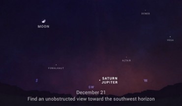 Jupiter and Saturn have been traveling across the sky together all year, but in December, get ready for them to really put on a show. Over the first three weeks of the month, watch each evening as the two planets get closer in the sky than they’ve appeared in two decades. Look for them low in the southwest in the hour after sunset, Image credit: NASA / JPL-Caltech.