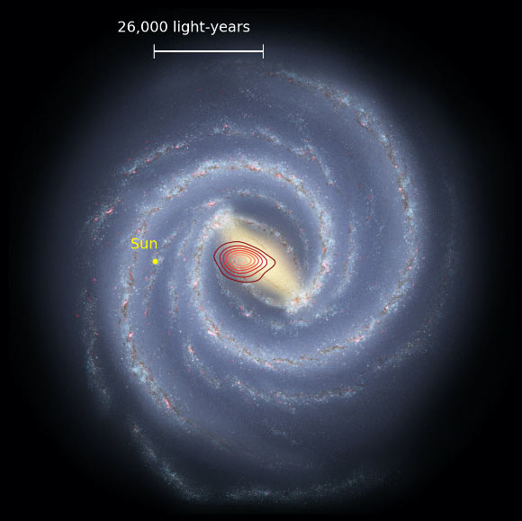 An artist’s impression of what the Milky Way might look like seen from above. The colored rings show the rough extent of the Heracles galaxy. The yellow dot shows the position of the Sun. Image credit: Danny Horta-Darrington, Liverpool John Moores University / NASA / JPL-Caltech / SDSS.