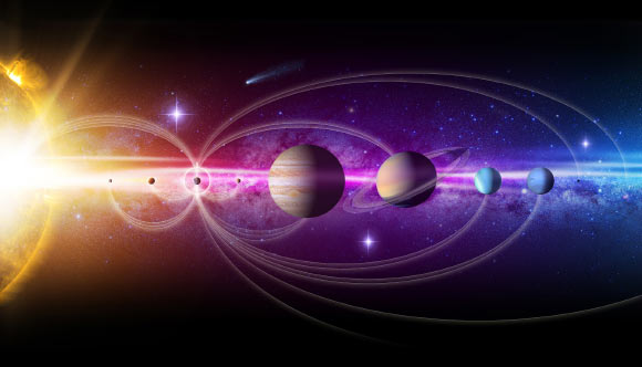 A whimsical view of the planets of our Solar System and the missions sent from Earth to explore them. Image credit: Jenny Mottar / NASA.