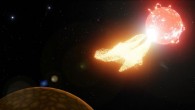 An artist’s impression of a powerful flare from Proxima Centauri ejecting material onto a nearby planet. Image credit: Mark Myers / OzGrav.