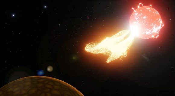 An artist’s impression of a powerful flare from Proxima Centauri ejecting material onto a nearby planet. Image credit: Mark Myers / OzGrav.