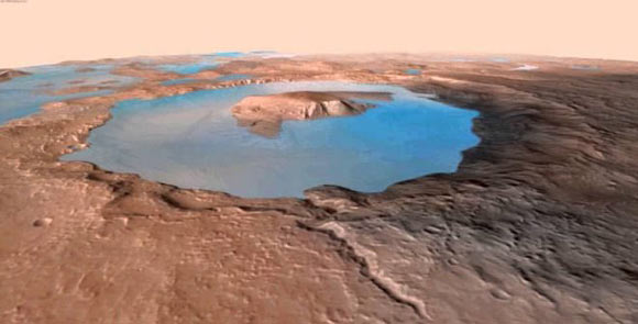 Rendering of Gale Lake some 3.5 billion years ago, when Mars was warmer and much wetter. Image credit: Evan Williams / NASA / Mars Reconnaissance Orbiter HIRISE project.
