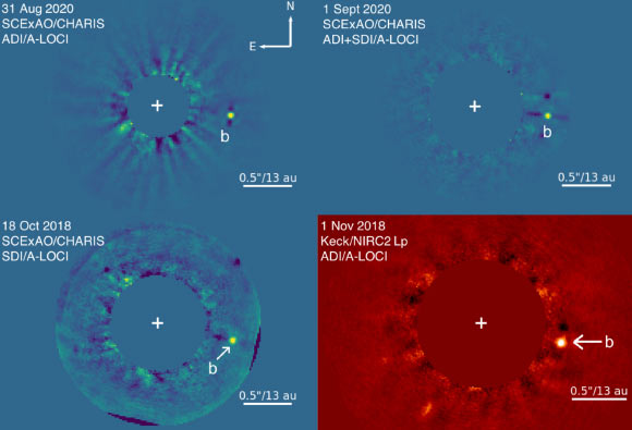 HD 33632Ab detections in 2020 (top panels) and 2018 (bottom panels). Image credit: Currie et al., doi: 10.3847/2041-8213/abc631.