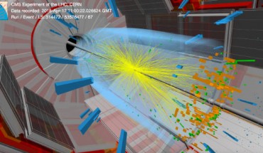 A collision event recorded by CMS at the start of the data-taking run of 2018. CMS sifts through such collisions up to 40 million times per second looking for signs of leptoquarks. Image credit: Thomas McCauley / Tai Sakuma / CMS / CERN.