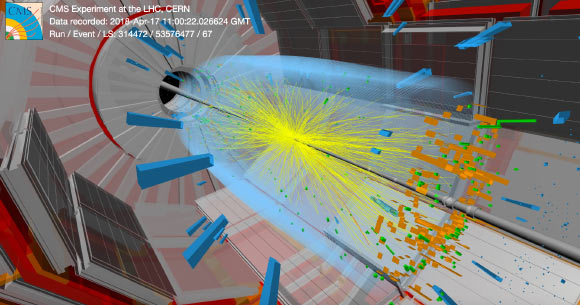 A collision event recorded by CMS at the start of the data-taking run of 2018. CMS sifts through such collisions up to 40 million times per second looking for signs of leptoquarks. Image credit: Thomas McCauley / Tai Sakuma / CMS / CERN.