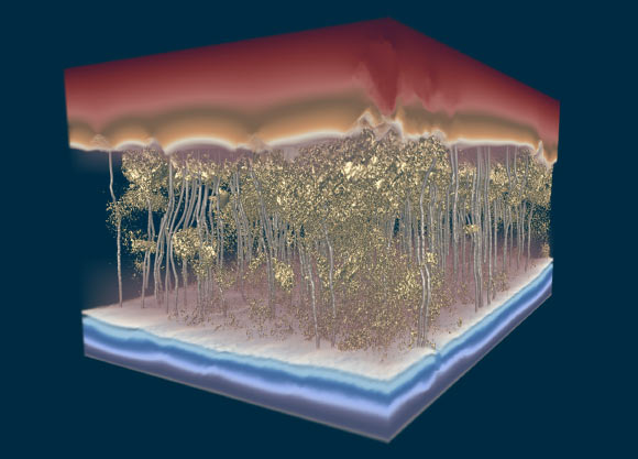 This 3D model of a polymer desalination membrane shows water avoiding dense spots in the membrane and slowing flow; red above the membrane shows water under higher pressure and with higher concentrations of salt; the gold, granular, sponge-like structure in the middle shows denser and less-dense areas within the salt-stopping membrane; silver channels show how water flows through; and the blue at the bottom shows water under lower pressure and with lower concentrations of salt. Image credit: Ganapathysubramanian Research Group / Iowa State University / Gregory Foss, Texas Advanced Computing Center.