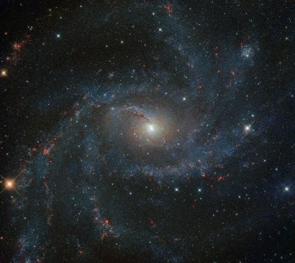 This Hubble image shows the spiral arms and various stellar environments of NGC 6946. The color image was made from separate exposures taken in the infrared region of the spectrum with Hubble’s Wide Field Camera 3 (WFC3). Three filters were used to sample various wavelengths. Image credit: NASA / ESA / Hubble / A. Leroy / K.S. Long.