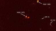The central part of the total field of view of the VLA radio map of the Perseus cluster. NGC 1275 is the bright source in the middle of the image. The wide-angle tail radio galaxy NGC 1265 (NNW of NGC 1275) and the head-tail CR 15 (between NGC 1275 and IC 310), as well as IC 310 (WSW of NGC 1275) are clearly visible. Image credit: Gendron-Marsolais et al., doi: 10.1093/mnras/staa2003.