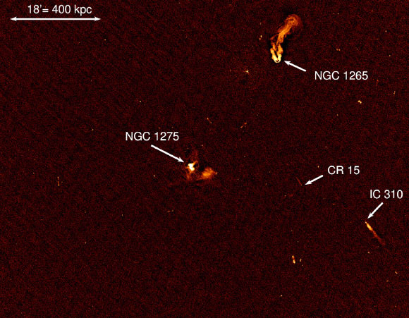 The central part of the total field of view of the VLA radio map of the Perseus cluster. NGC 1275 is the bright source in the middle of the image. The wide-angle tail radio galaxy NGC 1265 (NNW of NGC 1275) and the head-tail CR 15 (between NGC 1275 and IC 310), as well as IC 310 (WSW of NGC 1275) are clearly visible. Image credit: Gendron-Marsolais et al., doi: 10.1093/mnras/staa2003.
