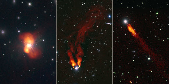 Left: NGC 1275, at the core of the cluster, is seen in new detail, including a newly-revealed wealth of complex, filamentary structure in its radio lobes. Center: NGC 1265 shows the effects of its motion through the tenuous material between the galaxies; its radio jets are bent backward by that interaction, then merge into a single, broad tail; the tail then is further bent, possibly by motions within the intergalactic material. Right: the jets of IC 310 are bent backward, similarly to NGC 1265, but appear closer because of the viewing angle from Earth; that angle also allows astronomers to directly observe energetic gamma rays generated near the supermassive black hole at the galaxy’s core. Image credit: Gendron-Marsolais et al. / S. Dagnello / NRAO / AUI / NSF / Sloan Digital Sky Survey.