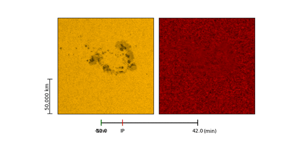 Left frame shows the active region of the Sun in visible light (amber) and extreme ultraviolet (red) on July 30, 2011. Right frame shows the ripples on Sun’s outlying surface up to 42 min after the onset of the flare, which is marked by the label ‘IP’ for impulsive flare. Image credit: NASA / SDO.