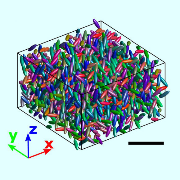 Computer rendered 3D reconstruction of a subset of a sample volume with the red-green-blue value of the color indicating the particle orientations. Scale bar - 20 μm. Image credit: Roller et al., doi: 10.1073/pnas.2018072118.