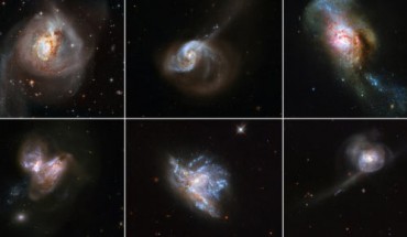 Adamo et al. investigated the rate of star formation within six merging galaxy systems (from left to right, from top to bottom): NGC 3256, NGC 1614, NGC 4194, NGC 3690, NGC 6052, and NGC 34. Image credit: NASA / ESA / Hubble Heritage Team / STScI / AURA / A. Evans / University of Virginia, Charlottesville / NRAO / Stony Brook University / Adamo et al.