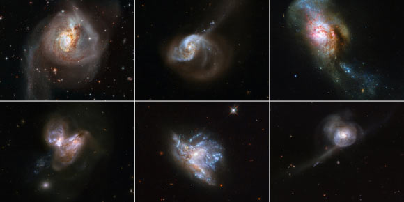 Adamo et al. investigated the rate of star formation within six merging galaxy systems (from left to right, from top to bottom): NGC 3256, NGC 1614, NGC 4194, NGC 3690, NGC 6052, and NGC 34. Image credit: NASA / ESA / Hubble Heritage Team / STScI / AURA / A. Evans / University of Virginia, Charlottesville / NRAO / Stony Brook University / Adamo et al.