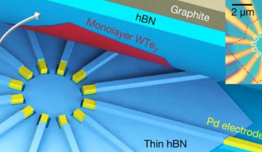 Cartoon illustration of the device design, where a thin hBN layer (blue) with selectively etched areas is used to avoid contact of the Pd electrodes (yellow) with the edges of the monolayer WTe2. The stack of graphite (gray)/hBN (blue)/monolayer WTe2 (red), shown in the cross-sectional view, is further stacked onto the bottom part with the electrodes, as indicated by the arrow. Inset: an image of device 1; the dashed red line highlights the monolayer edges and the white squares denote the contact regions. Image credit: Wang et al., doi: 10.1038/s41586-020-03084-9.