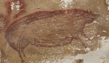 The 45,500-year-old Sulawesi warty pig figure in the rock art panel at Leang Tedongnge cave, Sulawesi, Indonesia. Image credit: Brumm et al., doi: 10.1126/sciadv.abd4648.