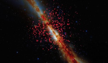 This visualization represents a 3D map of brown dwarfs (red dots) that have been discovered within 65 light-years of the Sun. The Sun, which is not shown, is located at the center of the view. The disk of the Milky Way appears in the background. Other stars close to the Sun appear as variously colored points in the field. Image credit: NOIRLab / NSF / AURA / J. da Silva.