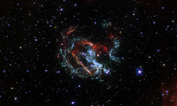 This Hubble image shows the supernova remnant 1E 0102.2-7219. Image credit: NASA / ESA / J. Banovetz & D. Milisavljevic, Purdue University.